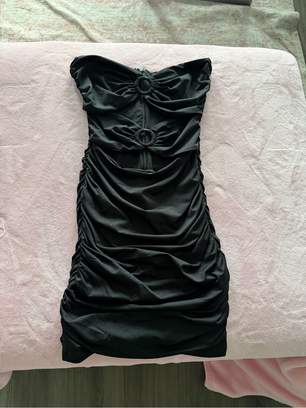 Streetwear Society Strapless Black Ruched Mini Dress with Ring Accents